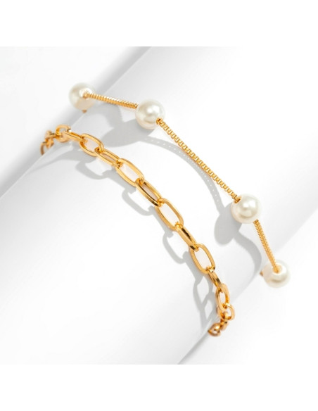 Set 2 bratari elegante, lantisoare cu perle albe si zale mari