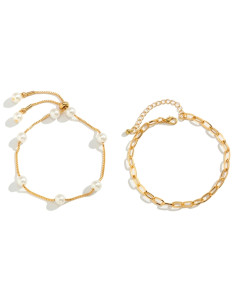 Set 2 bratari elegante, lantisoare cu perle albe si zale mari