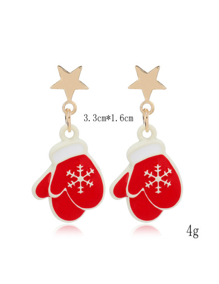 Cercei de Craciun, manusi rosii cu fulgi de zapada si stelute
