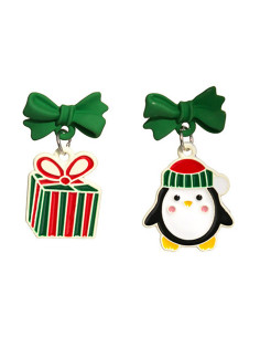 Cercei de Craciun asimetrici, cutie cadou, pinguin cu fes si fundite