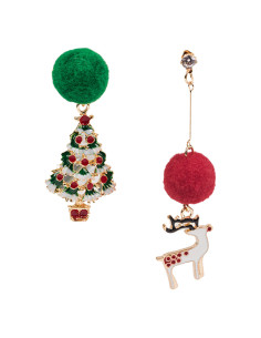 Cercei de Craciun asimetrici, bradut decorat, ren, pompom si cristale