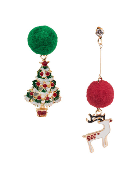 Cercei de Craciun asimetrici, bradut decorat, ren, pompom si cristale