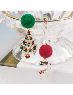 Cercei de Craciun asimetrici, bradut decorat, ren, pompom si cristale 2