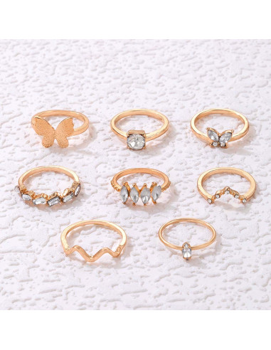 Set 8 inele minimal elegante, fluturi, zig-zag, veriga serpuita si cristale