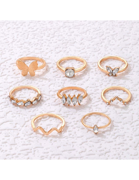 Set 8 inele minimal elegante, fluturi, zig-zag, veriga serpuita si cristale