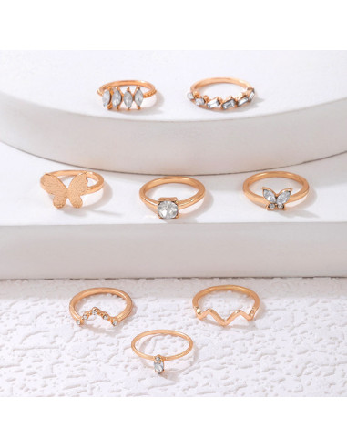 Set 8 inele minimal elegante, fluturi, zig-zag, veriga serpuita si cristale