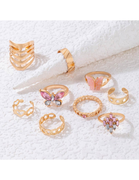 Set 9 inele minimale elegante, fluturi, stelute, inimioare si diverse modele de verigi si cristale