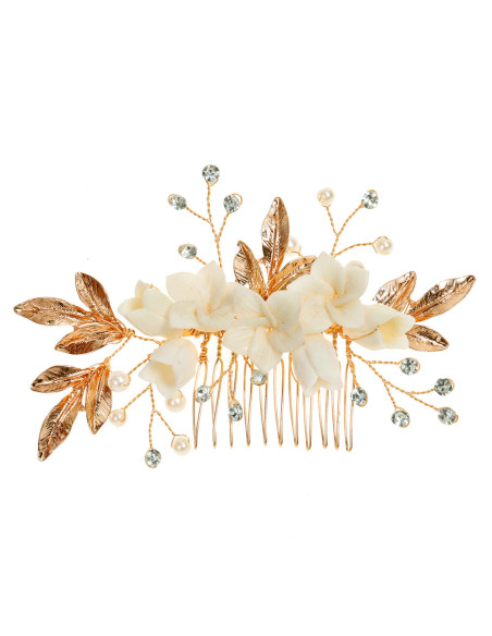 Pieptene de par elegant, ramuri din fir metalic, cu margele si perle, si floricele din acril