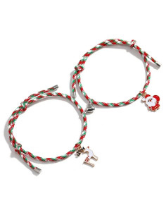 Set 2 bratari BFF de Craciun, pentru prieteni sau cupluri, cu magnet, ren si Mos Craciun