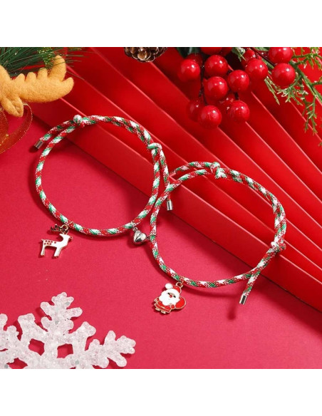 Set 2 bratari BFF de Craciun, pentru prieteni sau cupluri, cu magnet, ren si Mos Craciun