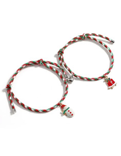 Set 2 bratari BFF de Craciun, pentru prieteni sau cupluri, cu magnet, clopotei si om de zapada