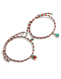 Set 2 bratari BFF de Craciun, pentru prieteni sau cupluri, cu magnet, clopotel si bradut
