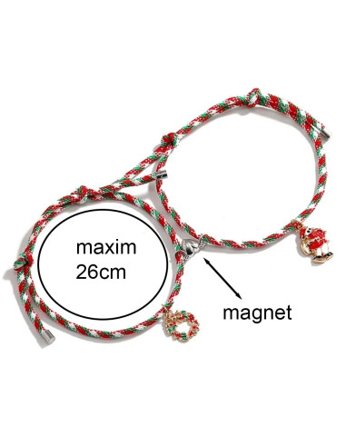 Set 2 bratari BFF de Craciun, pentru prieteni sau cupluri, cu magnet, coronita si Mos Craciun