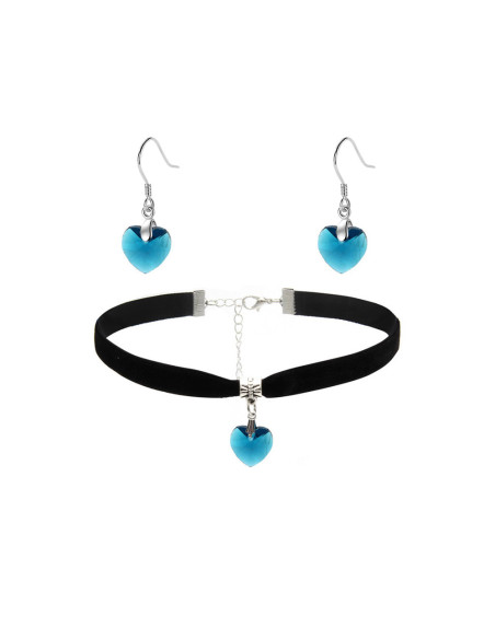 Set colier choker si cercei, cu medalioane inimioare de cristal fatetat