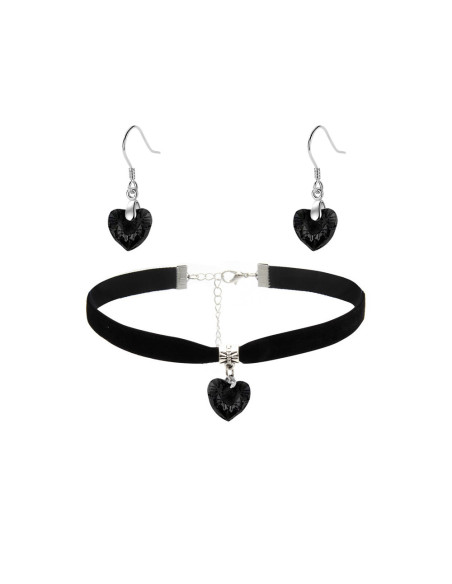 Set colier choker si cercei, cu medalioane inimioare de cristal fatetat