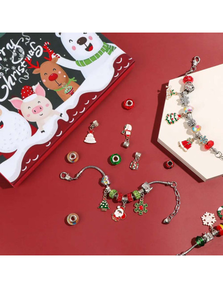 Set accesorii tip Pandora, cadou de Craciun, 2 bratari, 2 coliere, charmuri, in cutie cadou