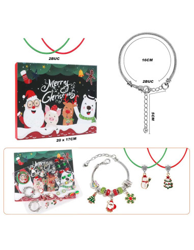 Set accesorii tip Pandora, cadou de Craciun, 2 bratari, 2 coliere, charmuri, in cutie cadou