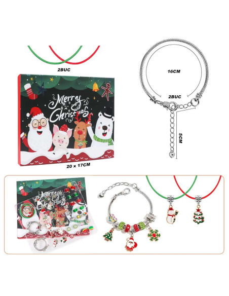 Set accesorii tip Pandora, cadou de Craciun, 2 bratari, 2 coliere, charmuri, in cutie cadou