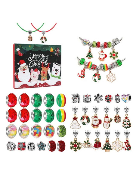 Set accesorii tip Pandora, cadou de Craciun, 2 bratari, 2 coliere, charmuri, in cutie cadou