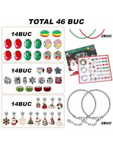 Set accesorii tip Pandora, cadou de Craciun, 2 bratari, 2 coliere, charmuri, in cutie cadou