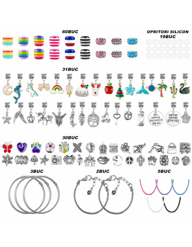 Set accesorii tip Pandora, unicorni colorati, charmuri colorate, 5 bratari, 5 coliere, ambalaj cadou