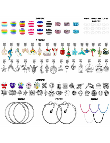 Set accesorii tip Pandora, unicorni colorati, charmuri colorate, 5 bratari, 5 coliere, ambalaj cadou