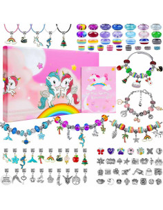 Set accesorii tip Pandora, unicorni colorati, charmuri colorate, 5 bratari, 5 coliere, ambalaj cadou 2