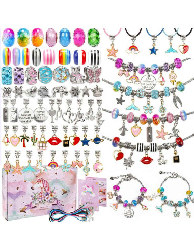 Set accesorii tip Pandora, 119 charmuri colorate, 5 bratari, 5 coliere, ambalaj cadou cu unicorn