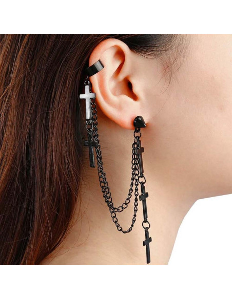 Cercel tip ear cuff, model cu doua lanturi si cinci cruci mici