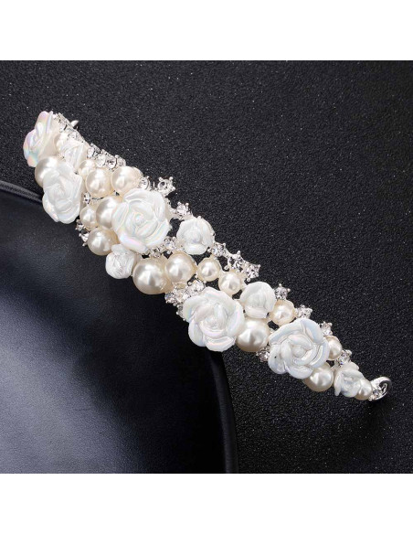 Coronita eleganta White Roses, trandafiri ceramici, cristale si perle