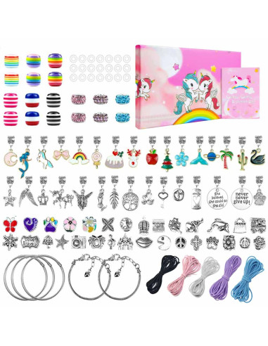Set accesorii tip Pandora, unicorni colorati, charmuri colorate, 5 bratari, 5 coliere, ambalaj cadou
