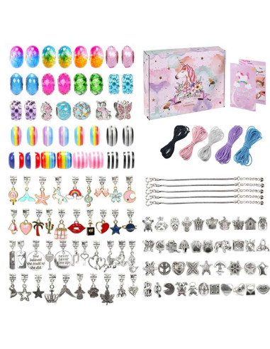 Set accesorii tip Pandora, 119 charmuri colorate, 5 bratari, 5 coliere, ambalaj cadou cu unicorn