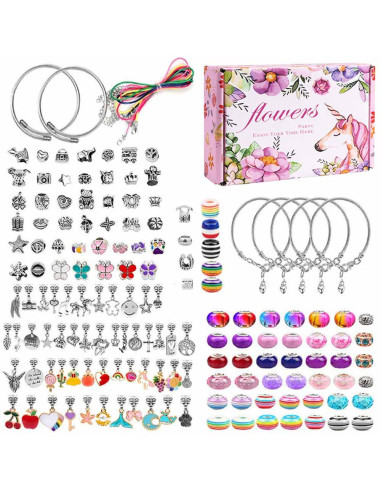 Set accesorii tip Pandora, 150 charmuri colorate, 7 bratari, 5 coliere, ambalaj cadou cu unicorn si flori