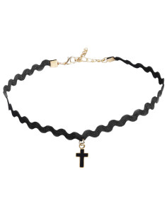 Choker negru ingust, din panglica model zig-zag, cu medalion cruciulita neagra 2