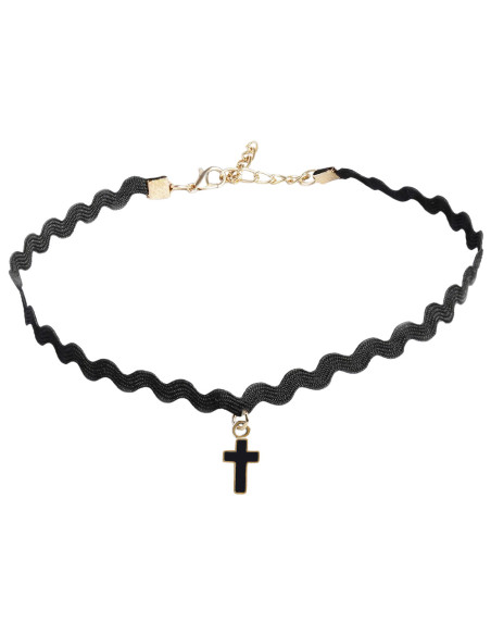 Choker negru ingust, din panglica model zig-zag, cu medalion cruciulita neagra