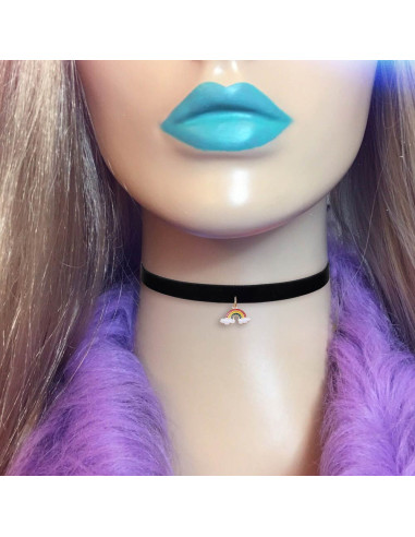 Colier choker din panglica de catifea neagra si medalion curcubeu cu norisori