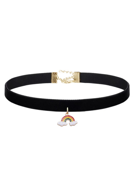 Colier choker din panglica de catifea neagra si medalion curcubeu cu norisori