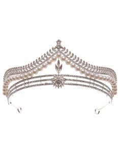 Tiara eleganta Valentine, model delicat cu frunzulite, floare si perle albe