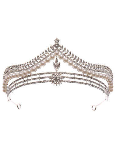 Tiara eleganta Valentine, model delicat cu frunzulite, floare si perle albe