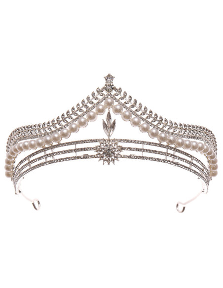 Tiara eleganta Valentine, model delicat cu frunzulite, floare si perle albe