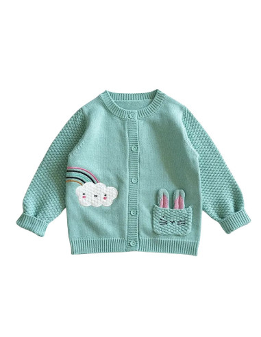 Jacheta tricotata pentru copii, cu buzunar iepuras, curcubeu si norisor