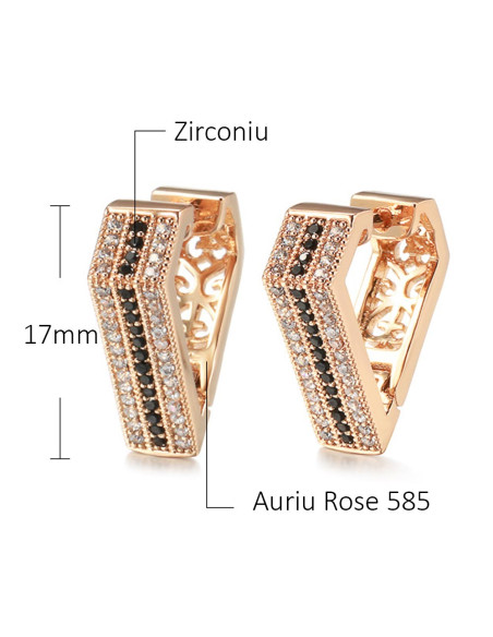 Cercei eleganti geometrici, cu zirconii albe si negre si model floral