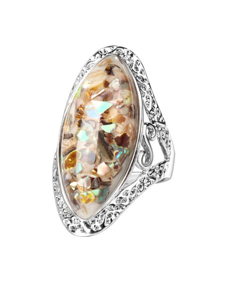 Inel vintage lung, cristal oval cu bucatele de sidef si rama metalica