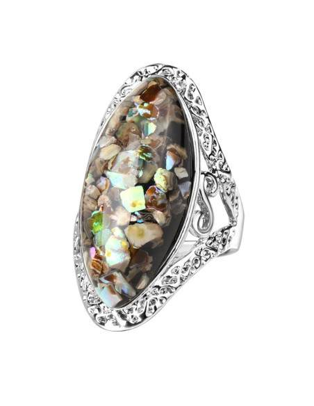 Inel vintage lung, cristal oval cu bucatele de sidef si rama metalica