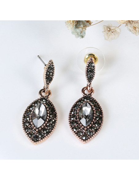 Cercei eleganti vintage, model cat-eye cu cristale fumurii