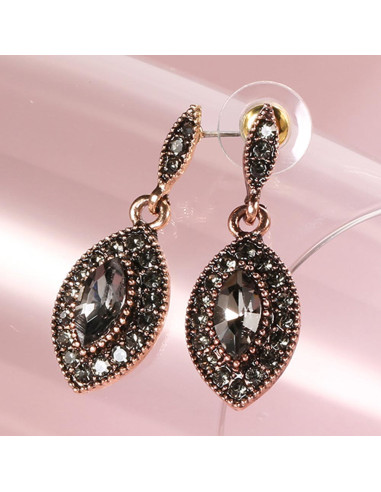 Cercei eleganti vintage, model cat-eye cu cristale fumurii