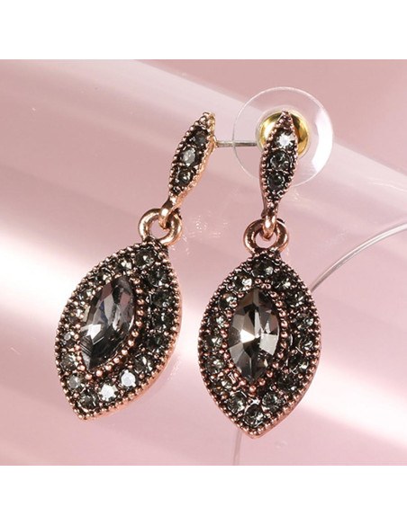 Cercei eleganti vintage, model cat-eye cu cristale fumurii