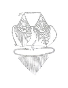 Set de lanturi elegante pentru piept si talie, cu franjuri, din siruri de cristale in suport metalic
