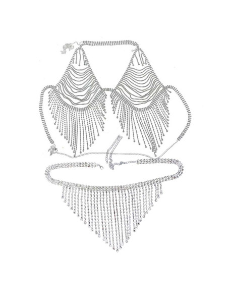 Set de lanturi elegante pentru piept si talie, cu franjuri, din siruri de cristale in suport metalic