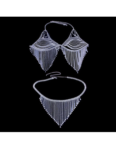 Set de lanturi elegante pentru piept si talie, cu franjuri, din siruri de cristale in suport metalic
